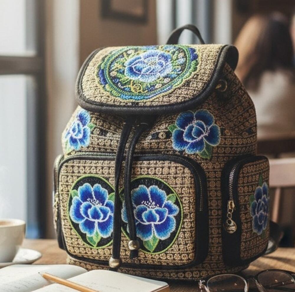 Boho Embroidered Flowers Backpack Black Brown & Blue 3 Pockets 12x13x5